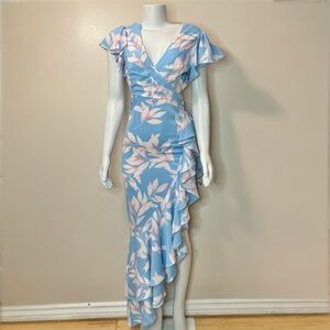 Light blue pink asymmetrical hem with ruffles cutout  maxi dress